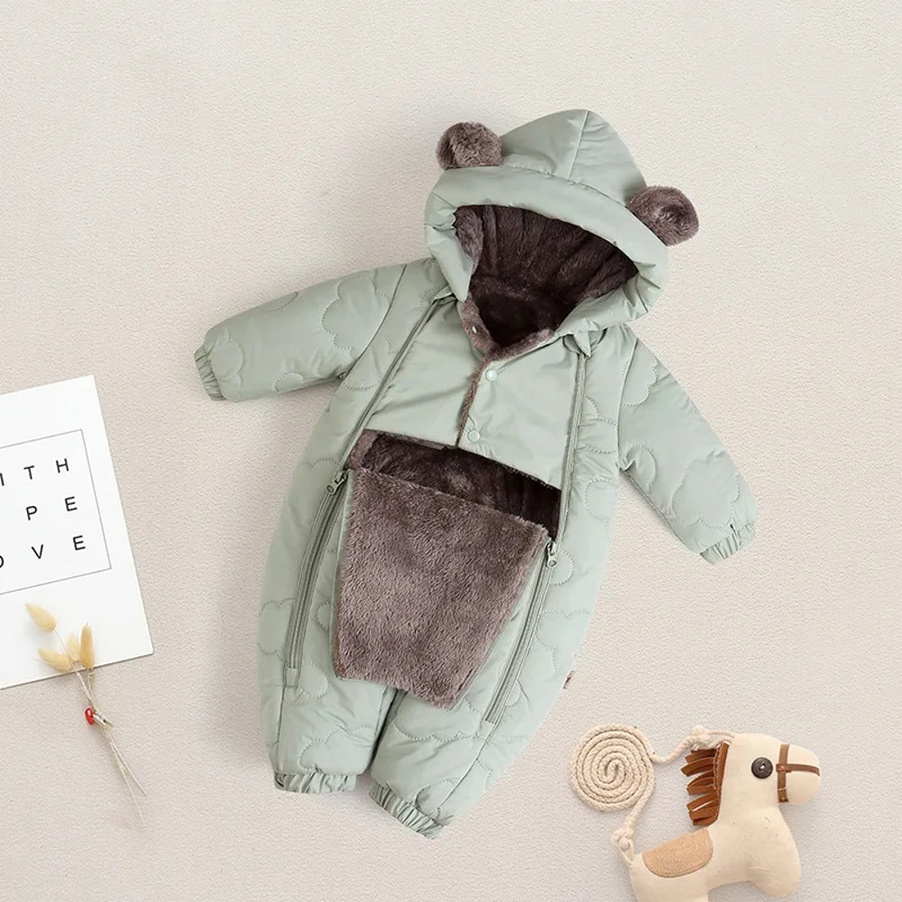Thickened Fleece Lined Double Layer Hooded Romper 0-2Y Winter Warm Kids Snowsuit with Bear Ears, Toddler Baby Girl Boy