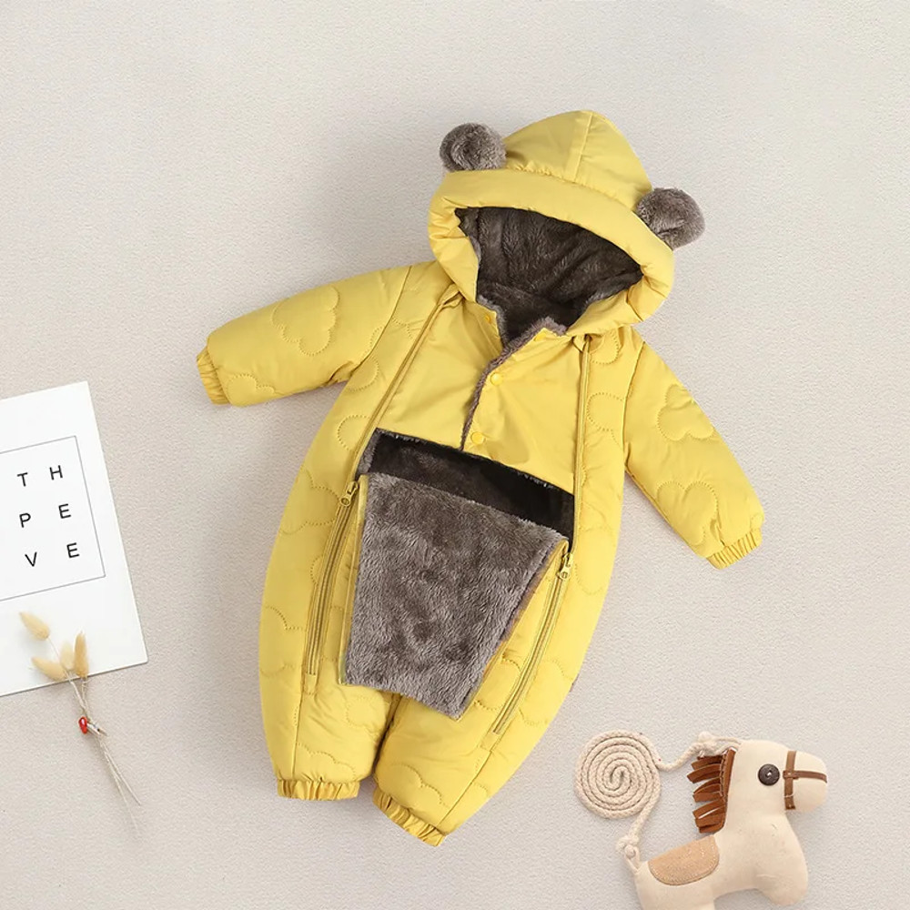 Thickened Fleece Lined Double Layer Hooded Romper 0-2Y Winter Warm Kids Snowsuit with Bear Ears, Toddler Baby Girl Boy
