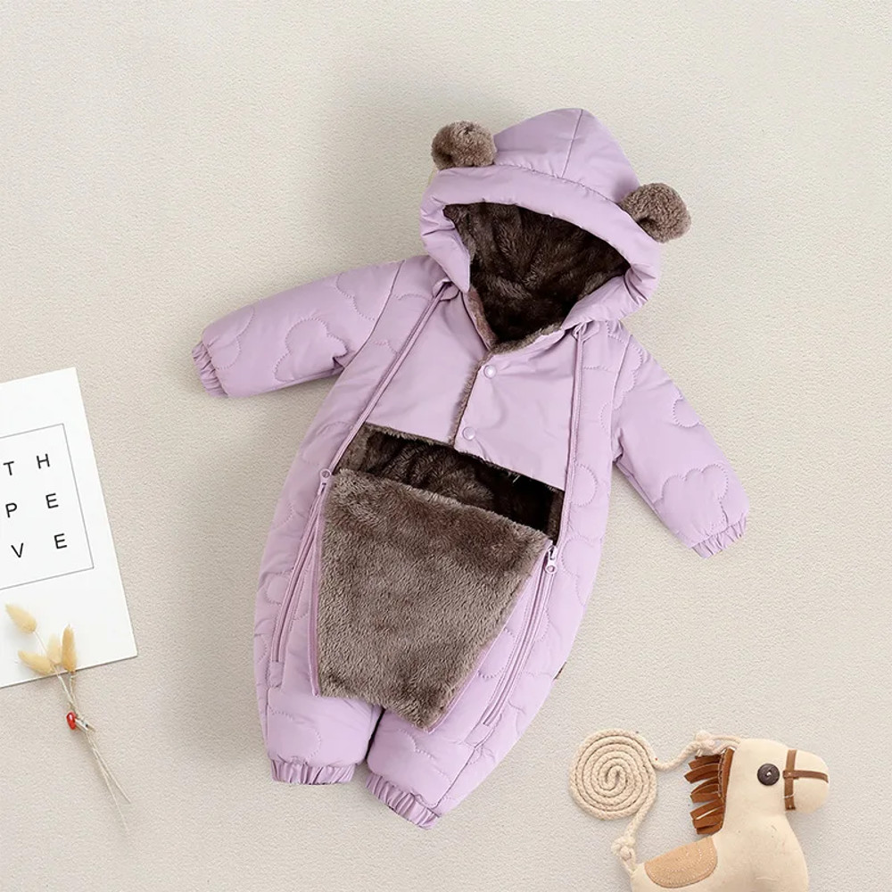 Thickened Fleece Lined Double Layer Hooded Romper 0-2Y Winter Warm Kids Snowsuit with Bear Ears, Toddler Baby Girl Boy
