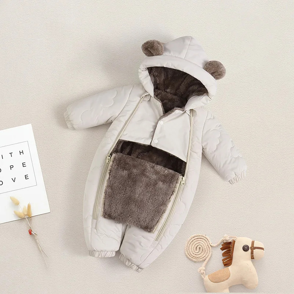 Thickened Fleece Lined Double Layer Hooded Romper 0-2Y Winter Warm Kids Snowsuit with Bear Ears, Toddler Baby Girl Boy