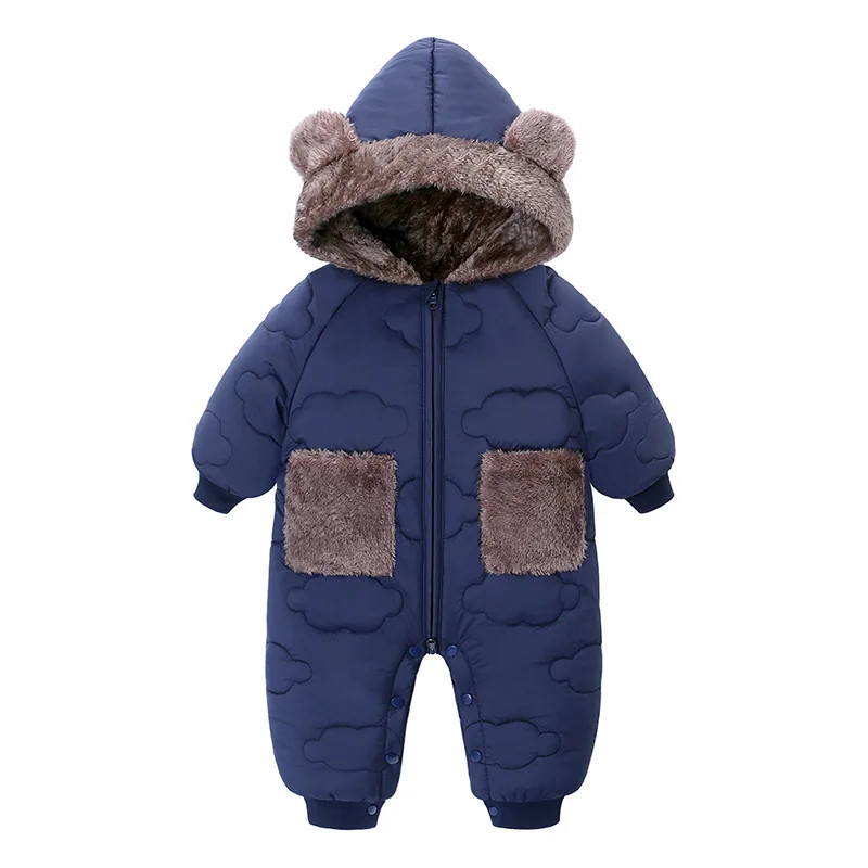 New Style Newborn Baby Boys Girls Fleece Lined Warm Jumpsuit, Hooded Bear Ear Winter Romper Snowsuit Infant Outerwear