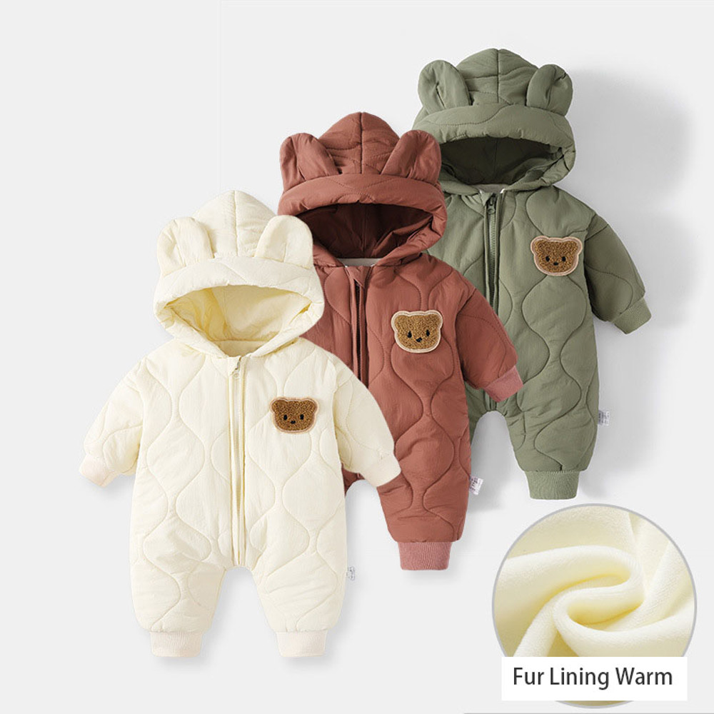 Warm Fur Lining Winter Baby Outwear Clothing Toddler Girl Boy Rompers Cartoon Bear Infant Jumpsuit Waterproof Snowsuit