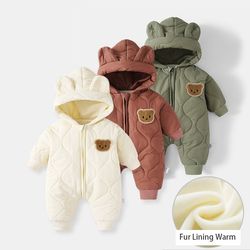 warm fur lining winter baby outwear clothing toddler girl boy rompers cartoon bear infant jumpsuit waterproof snowsuit