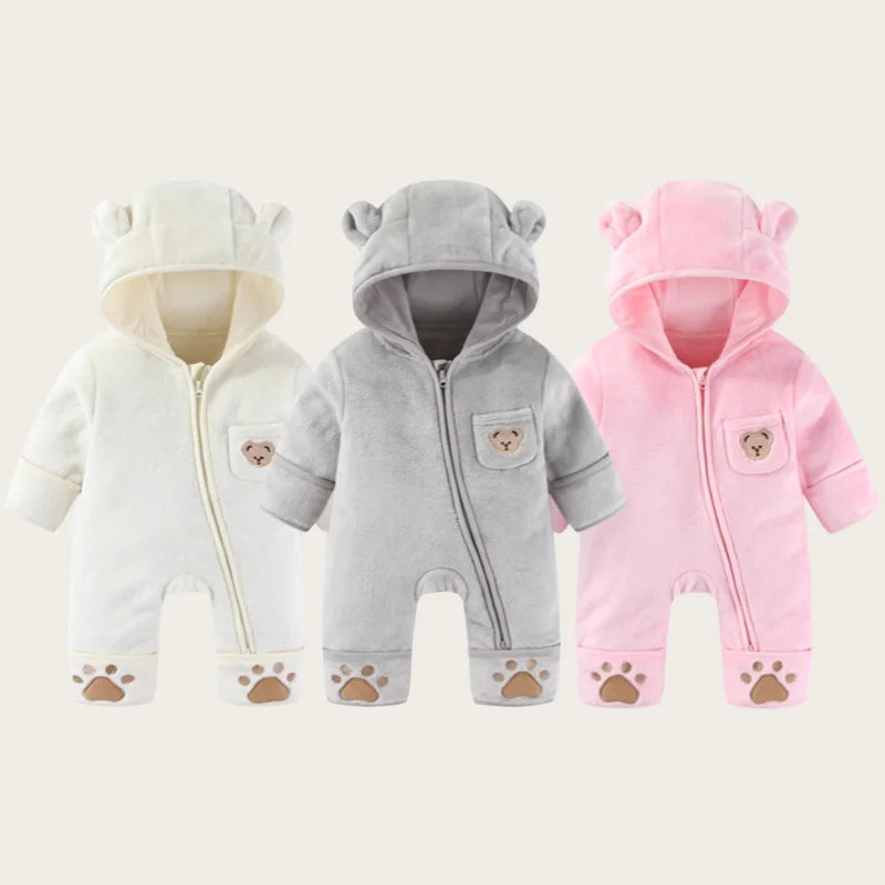 Infant Baby Girls Boy Winter Fleece Thickened Onesie 0-12M Newborn Baby Romper Bear Ear Hooded Jumpsuit with Pocket