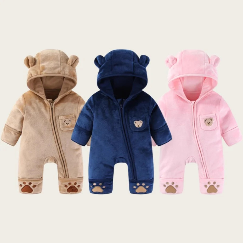 Infant Baby Girls Boy Winter Fleece Thickened Onesie 0-12M Newborn Baby Romper Bear Ear Hooded Jumpsuit with Pocket