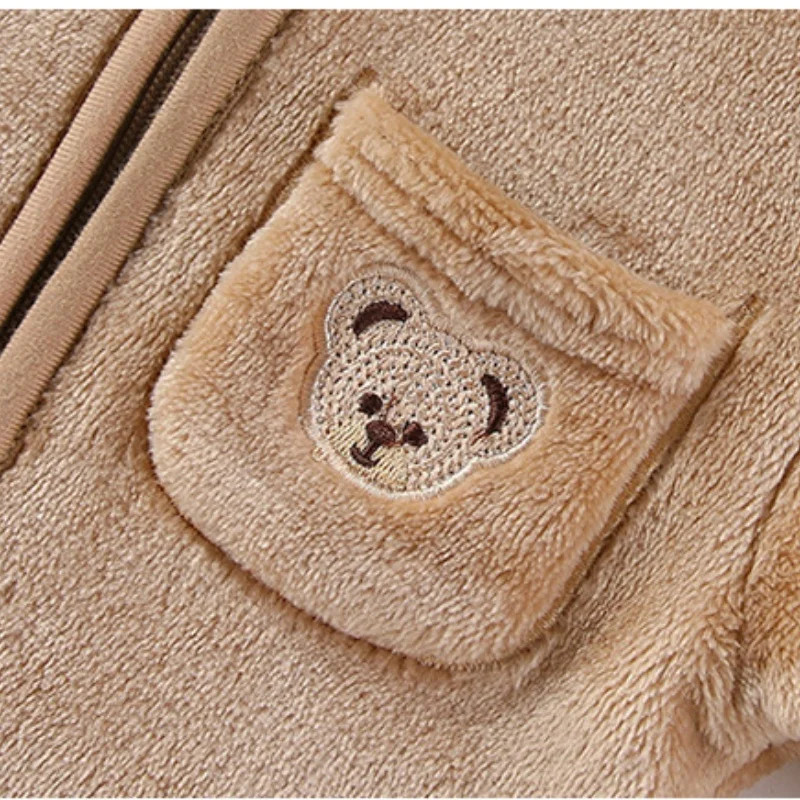 Infant Baby Girls Boy Winter Fleece Thickened Onesie 0-12M Newborn Baby Romper Bear Ear Hooded Jumpsuit with Pocket