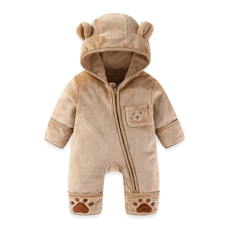 Infant Baby Girls Boy Winter Fleece Thickened Onesie 0-12M Newborn Baby Romper Bear Ear Hooded Jumpsuit with Pocket