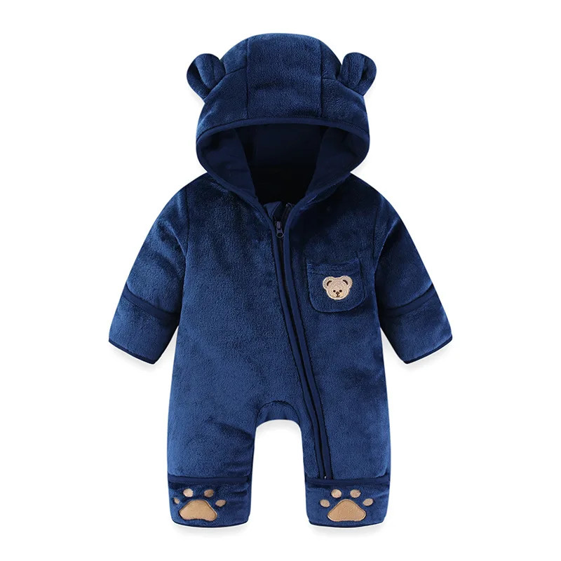 Infant Baby Girls Boy Winter Fleece Thickened Onesie 0-12M Newborn Baby Romper Bear Ear Hooded Jumpsuit with Pocket