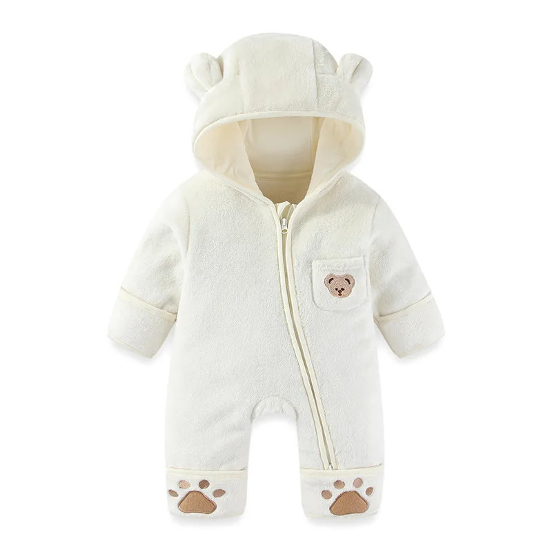 Infant Baby Girls Boy Winter Fleece Thickened Onesie 0-12M Newborn Baby Romper Bear Ear Hooded Jumpsuit with Pocket
