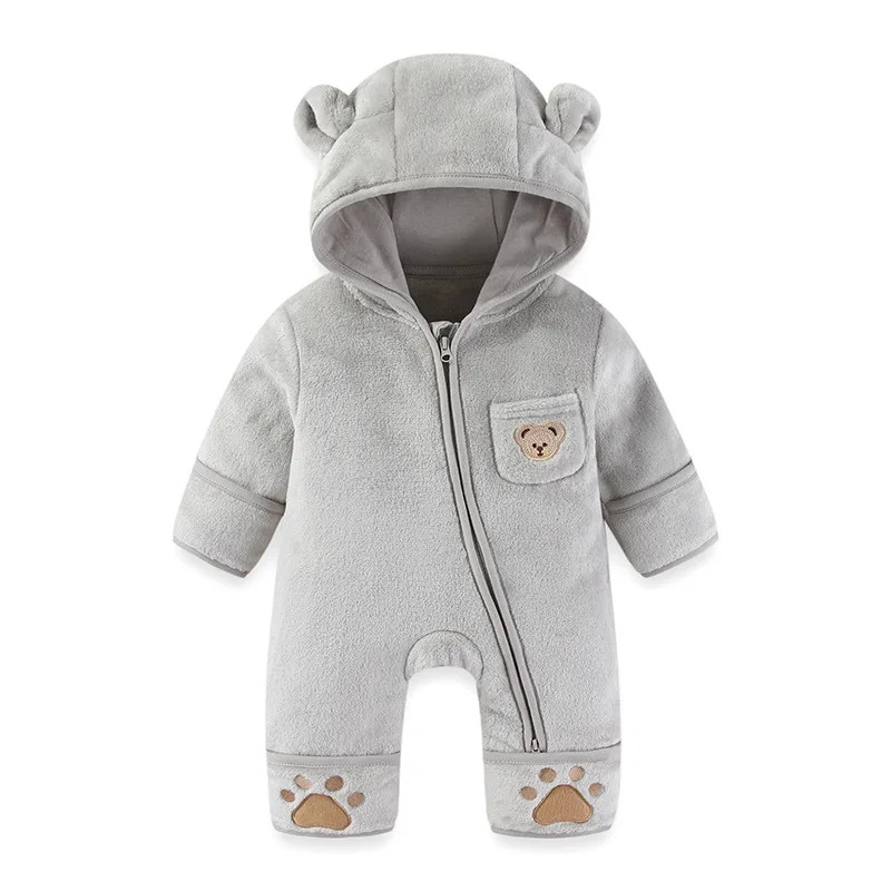 Infant Baby Girls Boy Winter Fleece Thickened Onesie 0-12M Newborn Baby Romper Bear Ear Hooded Jumpsuit with Pocket