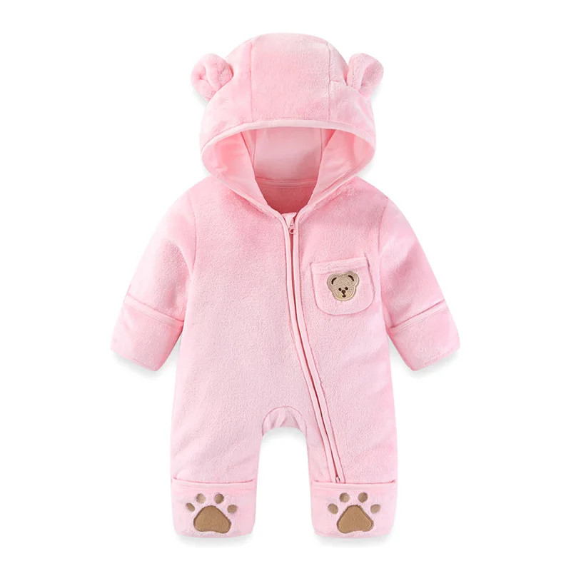 Infant Baby Girls Boy Winter Fleece Thickened Onesie 0-12M Newborn Baby Romper Bear Ear Hooded Jumpsuit with Pocket