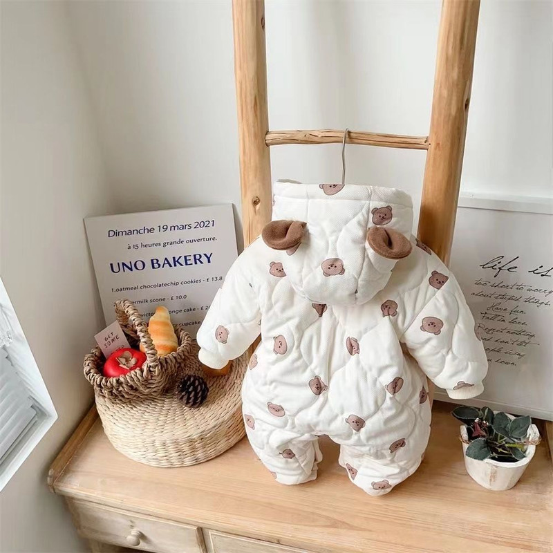 Winter Baby Snowsuit Cute Cartoon Warm Padded Romper Boys Girls Outfit Cozy Infant Snow Romper Thick Lined Outerwear