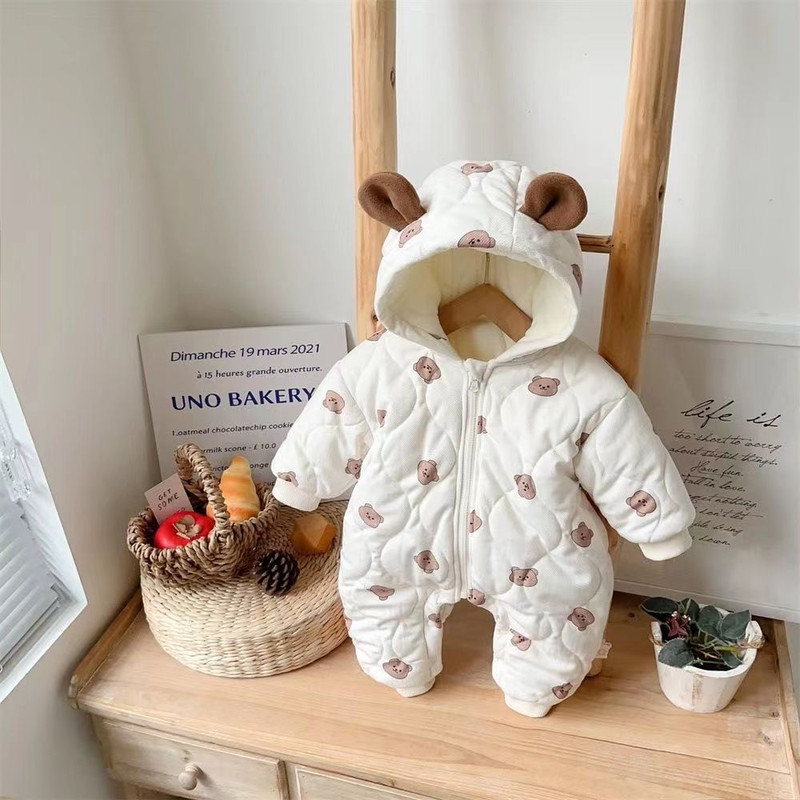 Winter Baby Snowsuit Cute Cartoon Warm Padded Romper Boys Girls Outfit Cozy Infant Snow Romper Thick Lined Outerwear