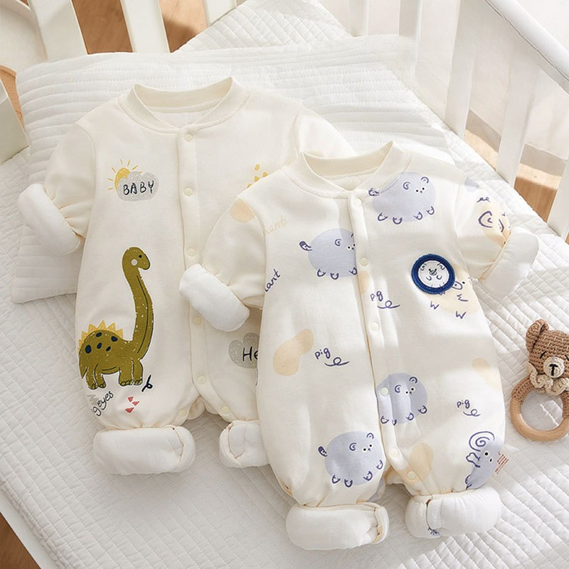 Somenie Newborn Baby Onesie Thickened Winter Pure Cotton Bodysuit Warm Cotton Cute Printed Outfit F 0