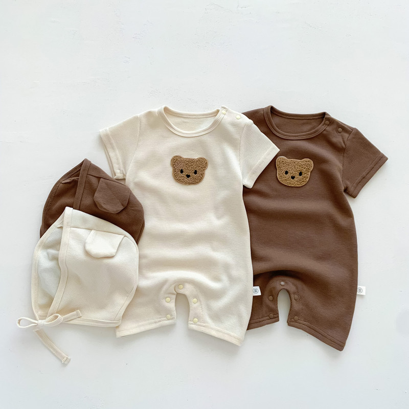 New In Summer Baby Girls Boys Short Sleeve Waffle Bear Patch Infant Newborn Jumpsuits Cotton Romper Gift Hat Ear