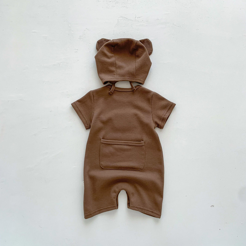 New In Summer Baby Girls Boys Short Sleeve Waffle Bear Patch Infant Newborn Jumpsuits Cotton Romper Gift Hat Ear