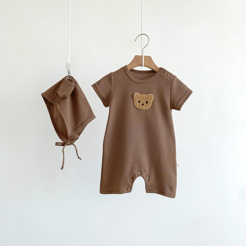New In Summer Baby Girls Boys Short Sleeve Waffle Bear Patch Infant Newborn Jumpsuits Cotton Romper Gift Hat Ear