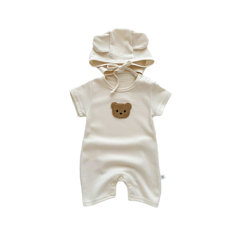 New In Summer Baby Girls Boys Short Sleeve Waffle Bear Patch Infant Newborn Jumpsuits Cotton Romper Gift Hat Ear