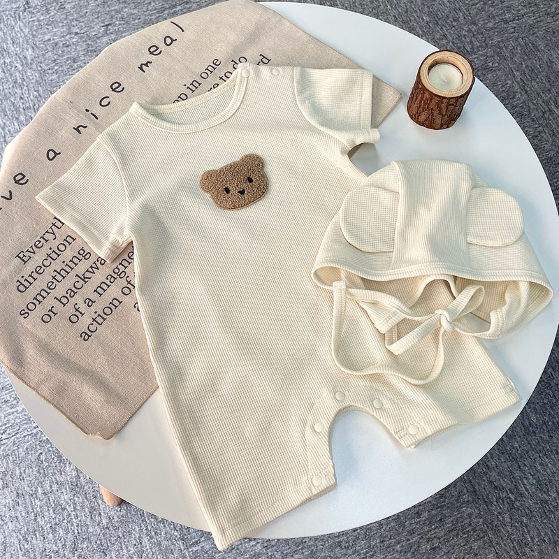 New In Summer Baby Girls Boys Short Sleeve Waffle Bear Patch Infant Newborn Jumpsuits Cotton Romper Gift Hat Ear