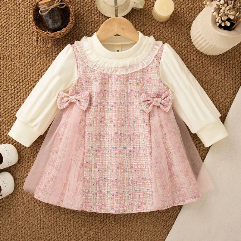New Baby Girl Bow Decoration Princess Dress Korean Style Autumn Long Sleeved Clothes, Tulle Dress with Children Dress