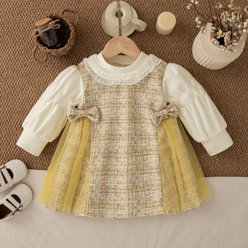 New Baby Girl Bow Decoration Princess Dress Korean Style Autumn Long Sleeved Clothes, Tulle Dress with Children Dress