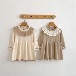 knitted long sleeved dress for baby girls 0-3 years old new autumn baby clothing lace princess party dress