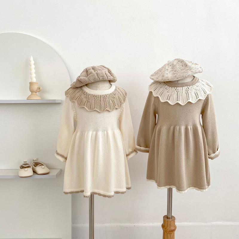 Knitted long sleeved dress for baby girls 0-3 years old new autumn baby clothing lace princess party dress