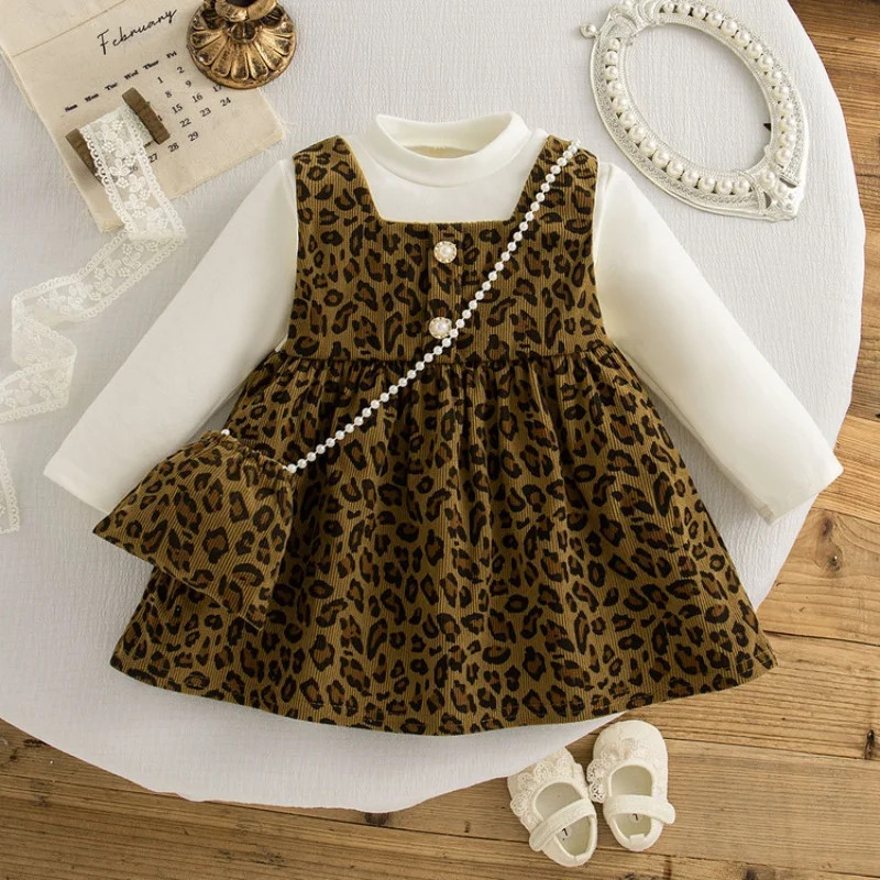 Autumn Spring Newborn Baby Girl Leopard Print Pretend Two Piece Princess Dress Long Sleeve with Ruffles