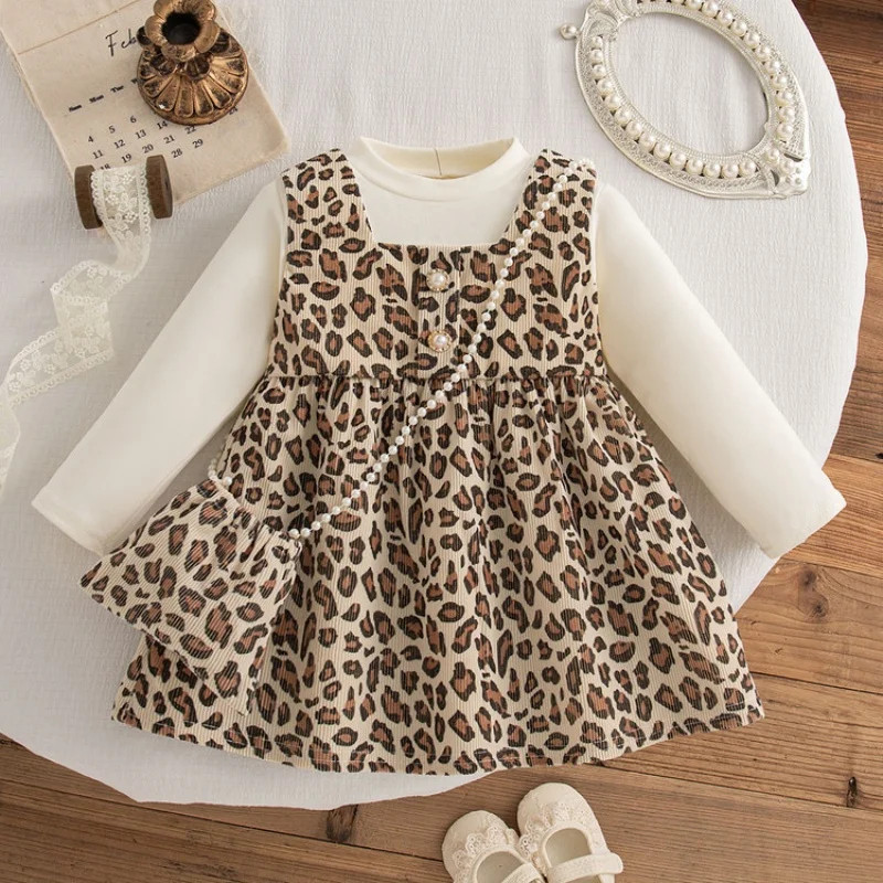Autumn Spring Newborn Baby Girl Leopard Print Pretend Two Piece Princess Dress Long Sleeve with Ruffles