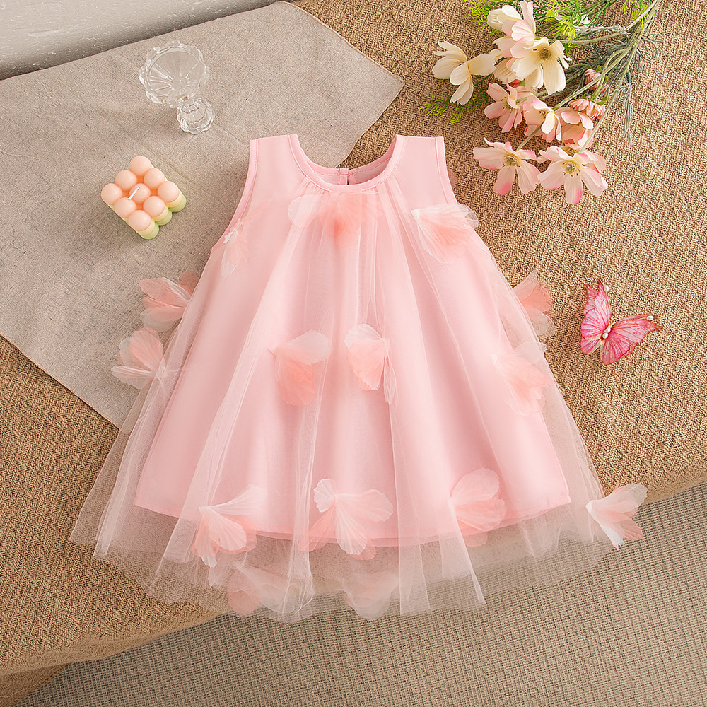 Summer Wedding Party Dress for Baby Floral Decoration Sleeveless Mesh Dress Korean Style Pink Princess Baby Girl Gown