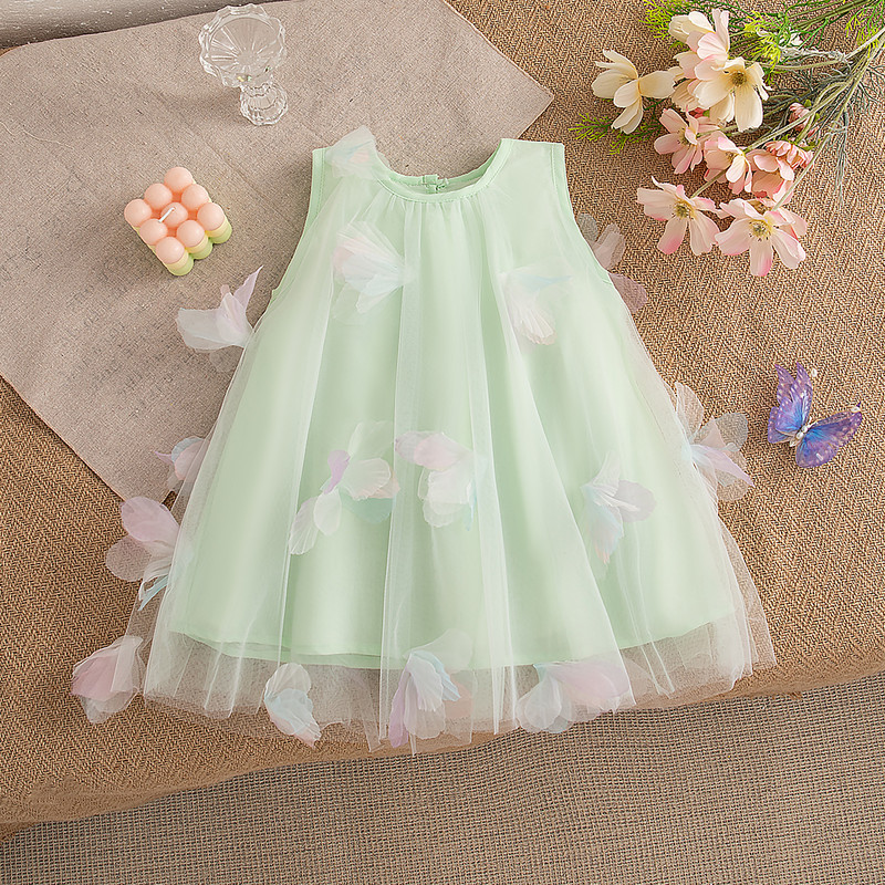 Summer Wedding Party Dress for Baby Floral Decoration Sleeveless Mesh Dress Korean Style Pink Princess Baby Girl Gown
