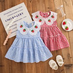 red strawberry embroidered korean style toddler dress sleeveless check pattern baby girl casual outdoor dress