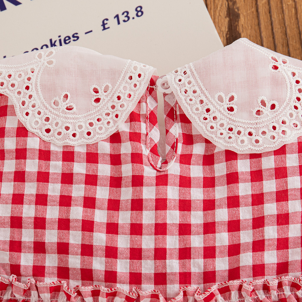 Red Strawberry Embroidered Korean Style Toddler Dress Sleeveless Check Pattern Baby Girl Casual Outdoor Dress