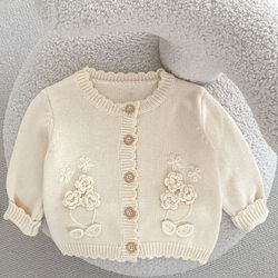 autumn new baby clothing 0-3 year girls hand hook flower sweater knitted cardigan jacket cute toddler knit outerwear