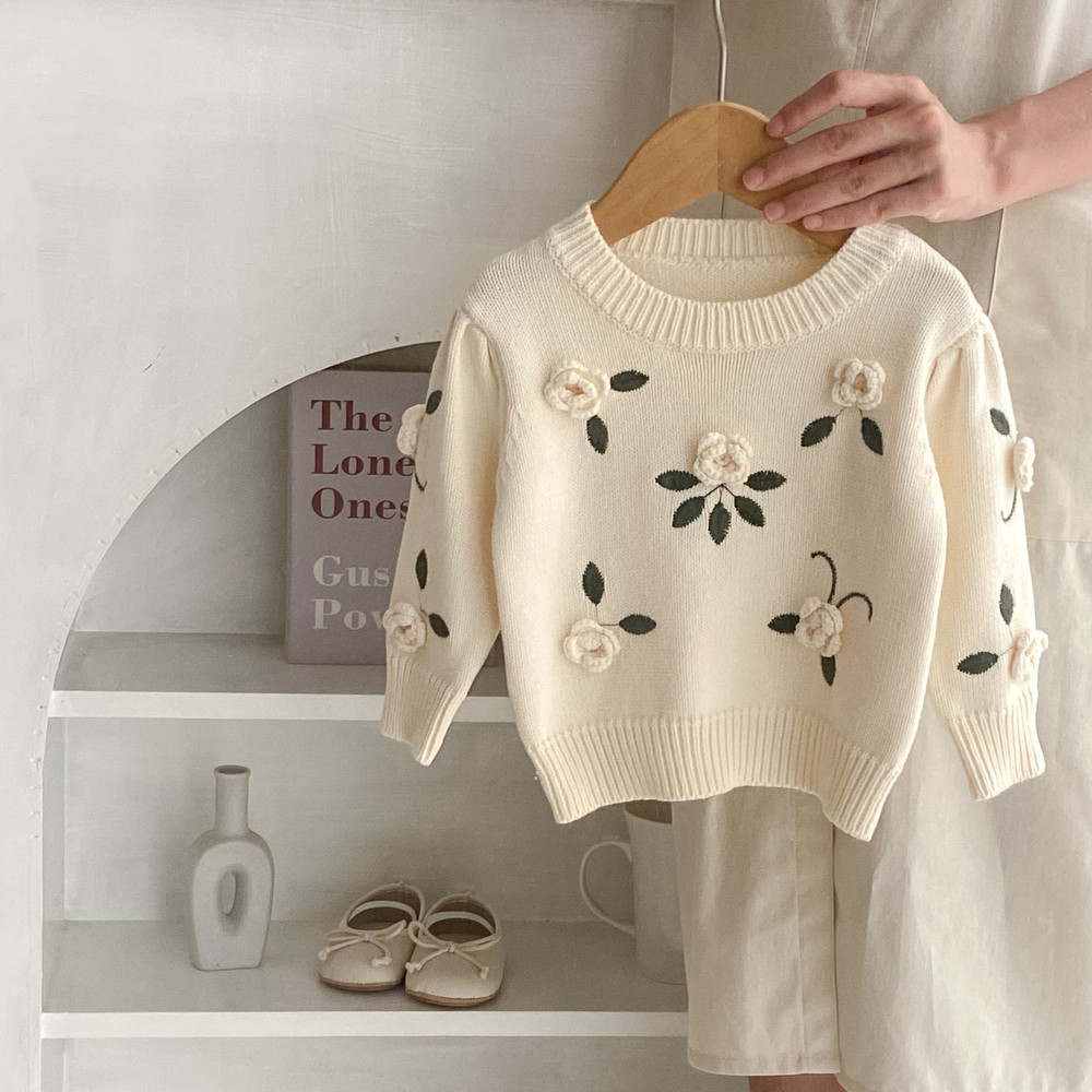 Knitted Handmade Flower Infant Girls Sweater Autumn Baby Girls Sweater Cotton Embroidery Pullover, Cozy Toddler Girls