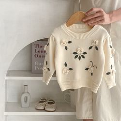 knitted handmade flower infant girls sweater autumn baby girls sweater cotton embroidery pullover, cozy toddler girls