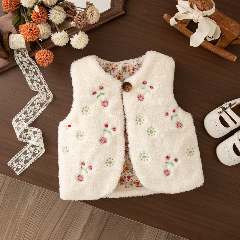Infant Winter Baby Sleeveless Vest, Warm Flower Embroidery Jacket, Toddler Girls Thick Vest Kids Clothes