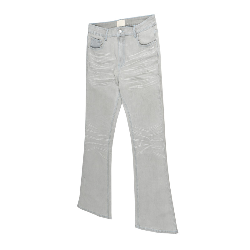 White Gray High Street Stripe Coating Men Washed Denim Flare Jeans Vintage Bootcut Y2K Slim Fit Casual Fashion