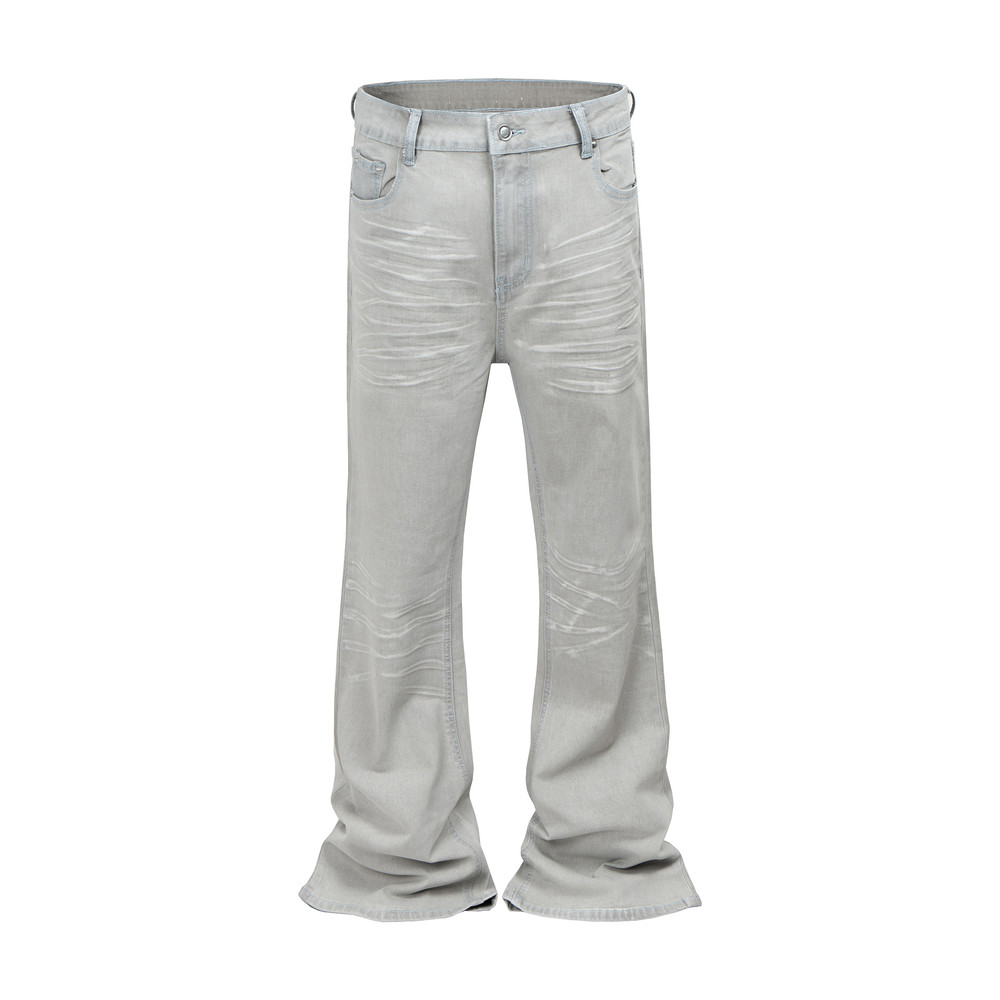 White Gray High Street Stripe Coating Men Washed Denim Flare Jeans Vintage Bootcut Y2K Slim Fit Casual Fashion