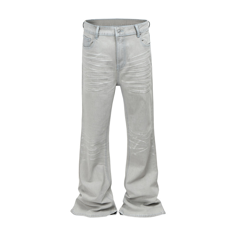 White Gray High Street Stripe Coating Men Washed Denim Flare Jeans Vintage Bootcut Y2K Slim Fit Casual Fashion