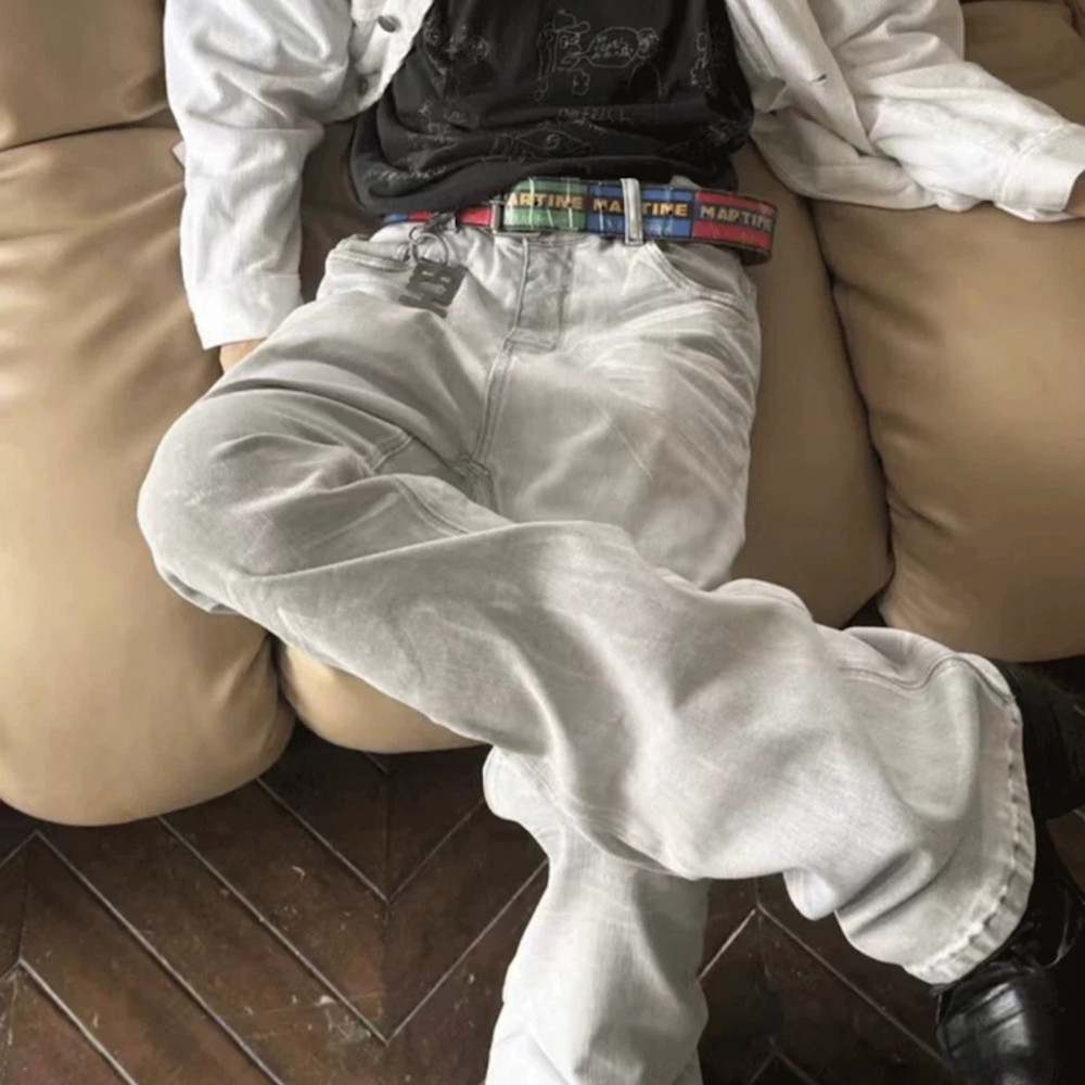 White Gray High Street Stripe Coating Men Washed Denim Flare Jeans Vintage Bootcut Y2K Slim Fit Casual Fashion