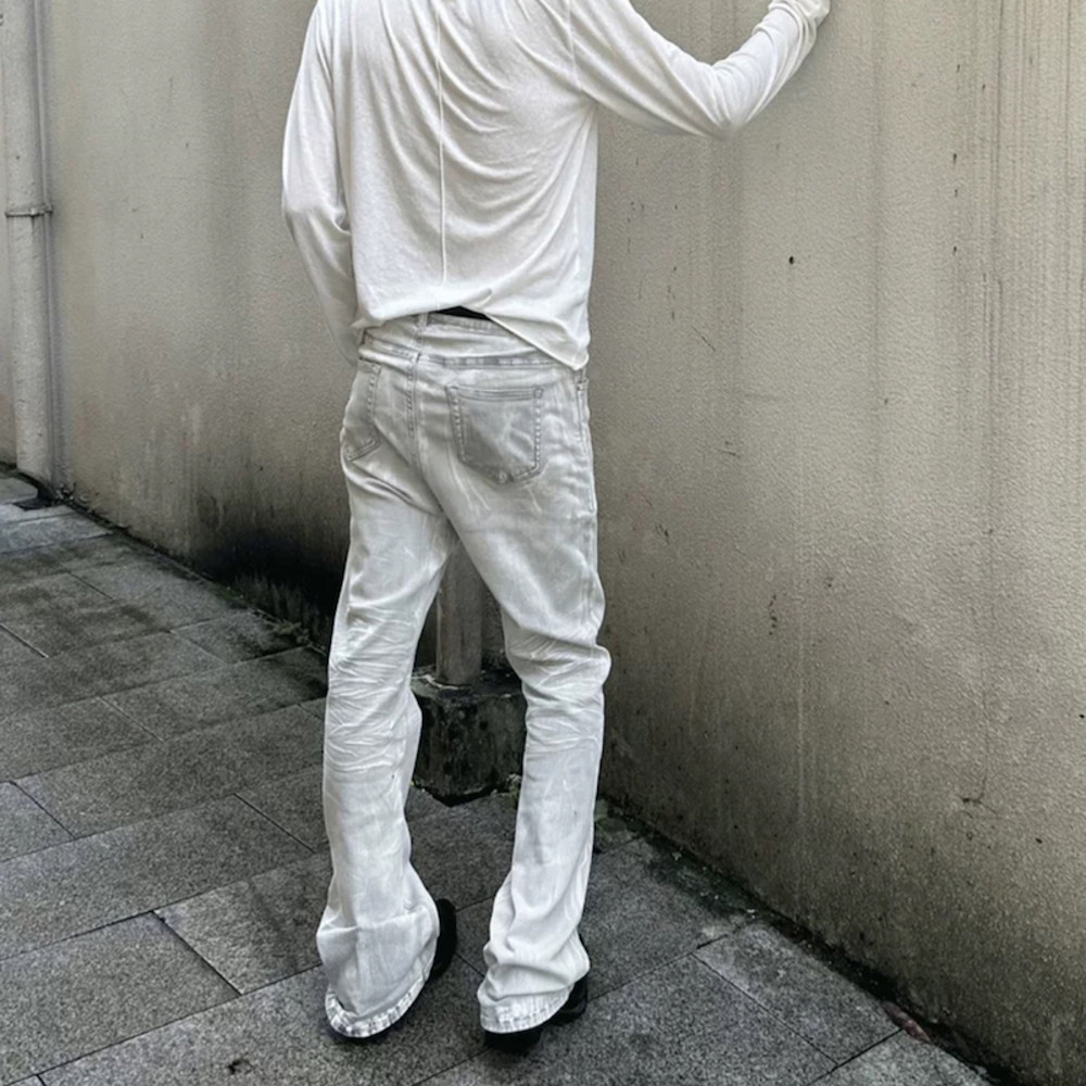 White Gray High Street Stripe Coating Men Washed Denim Flare Jeans Vintage Bootcut Y2K Slim Fit Casual Fashion