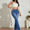 High Street Low Rise Jeans Blue Women, Bootcut Pockets Jeans for Streetwear, Low Waist Wide Leg Pants