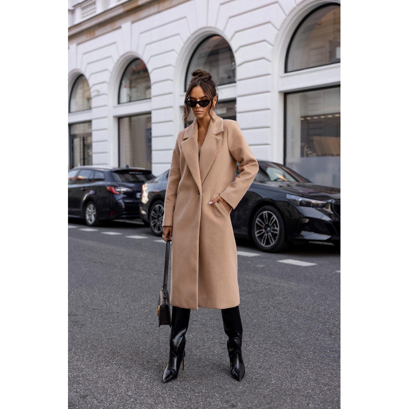 Womens Winter Trench Coat Notched Lapel, Mid-Long One Button Pea Coat, Casual Work Office Overcoat Jacket with Pockets