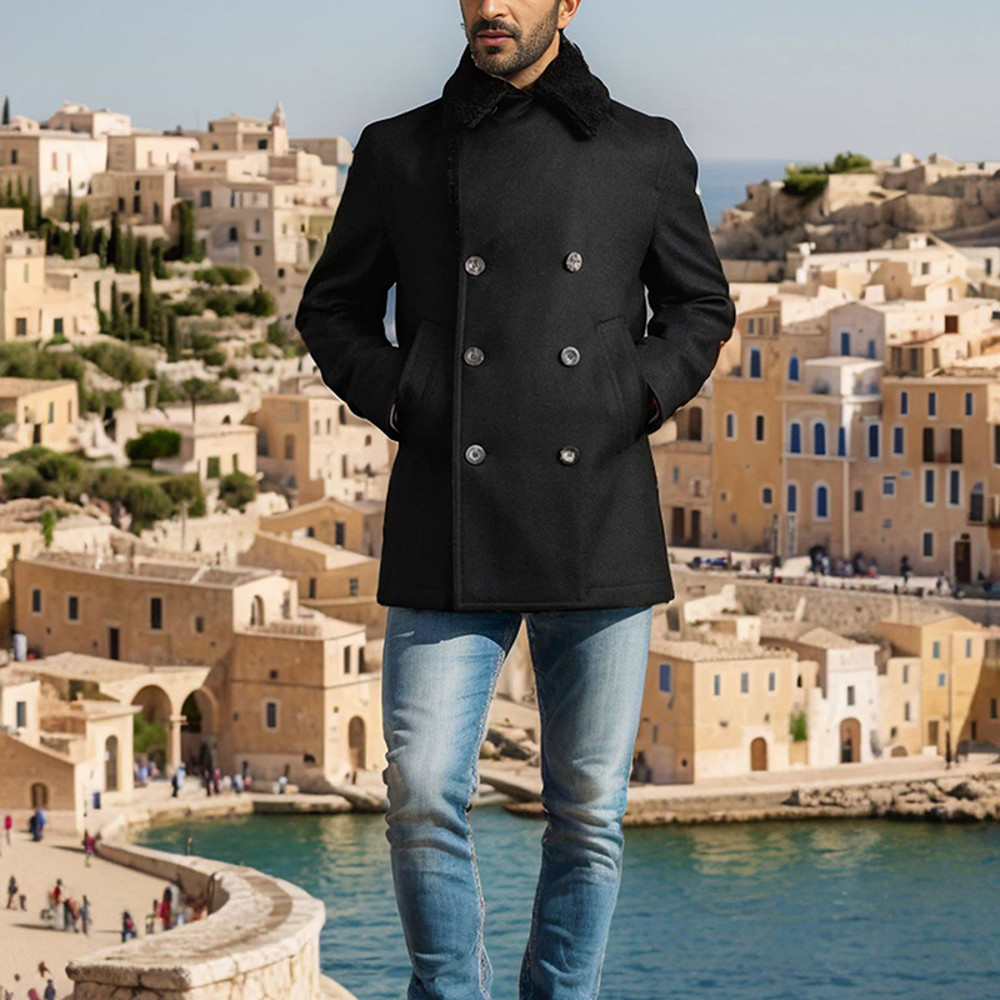 Stylish Mens Wool Pea Coat With Contrast Detail Double Breasted Design And Warm Long Sleeves Smart  1