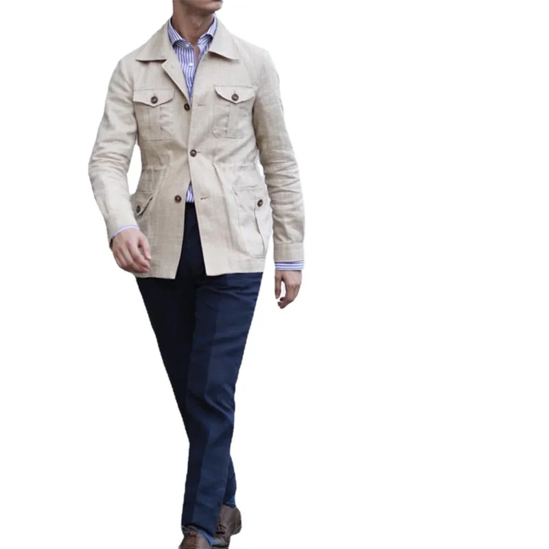 Mens Coats Safari Jacket Linen British Retro Gentry Suit Pockets Outerwear Fashion Solid Color Male Tops Lightweight