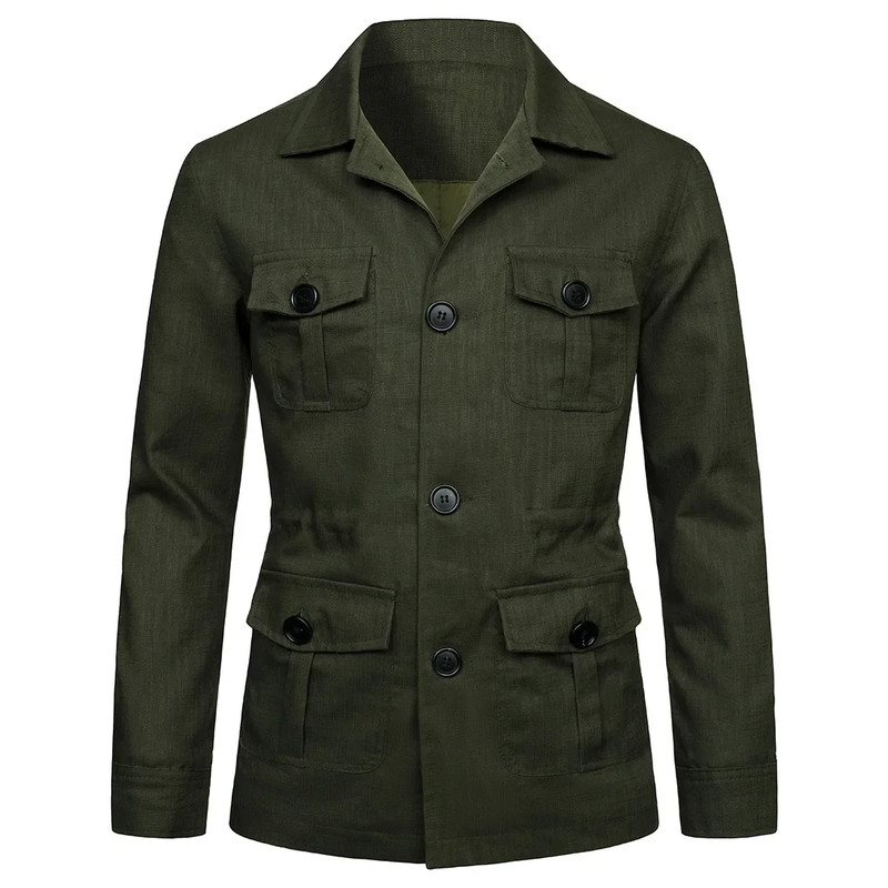 Mens Coats Safari Jacket Linen British Retro Gentry Suit Pockets Outerwear Fashion Solid Color Male Tops Lightweight