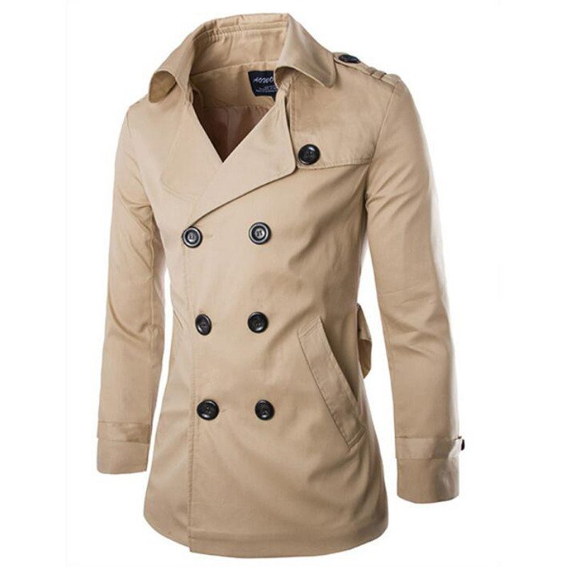 Cotton Men Trench Coats with Belt, Mens Spring Autumn Windbreak Overcoat, Male Double Breasted Peacoat