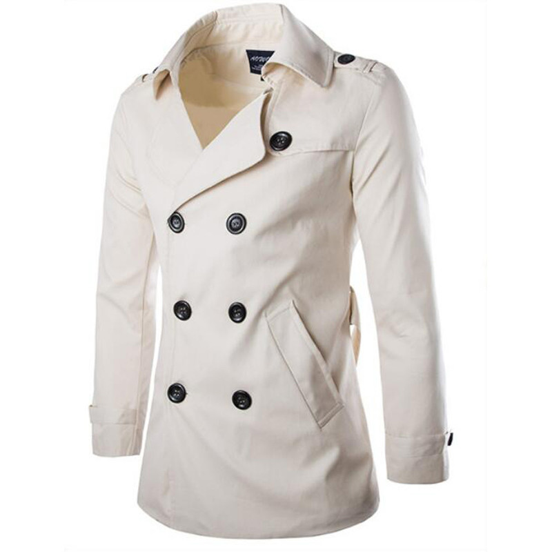 Cotton Men Trench Coats with Belt, Mens Spring Autumn Windbreak Overcoat, Male Double Breasted Peacoat