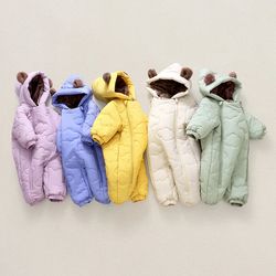 toddler baby girl boy snowsuit thickened fleece lined hooded romper double layer 0-2y cute bear ears winter warm